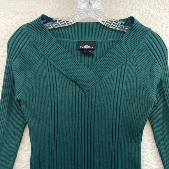 Y2K 2000s It's Our Time Hunter Forest Green Rib Knit V-Neck Wide Shoulder Top L - Picture 3 of 7